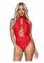 Leg Avenue High Neck Floral Lace Backless Teddy With Lace Up Accents And Crotchless Thong Panty - Large - Red