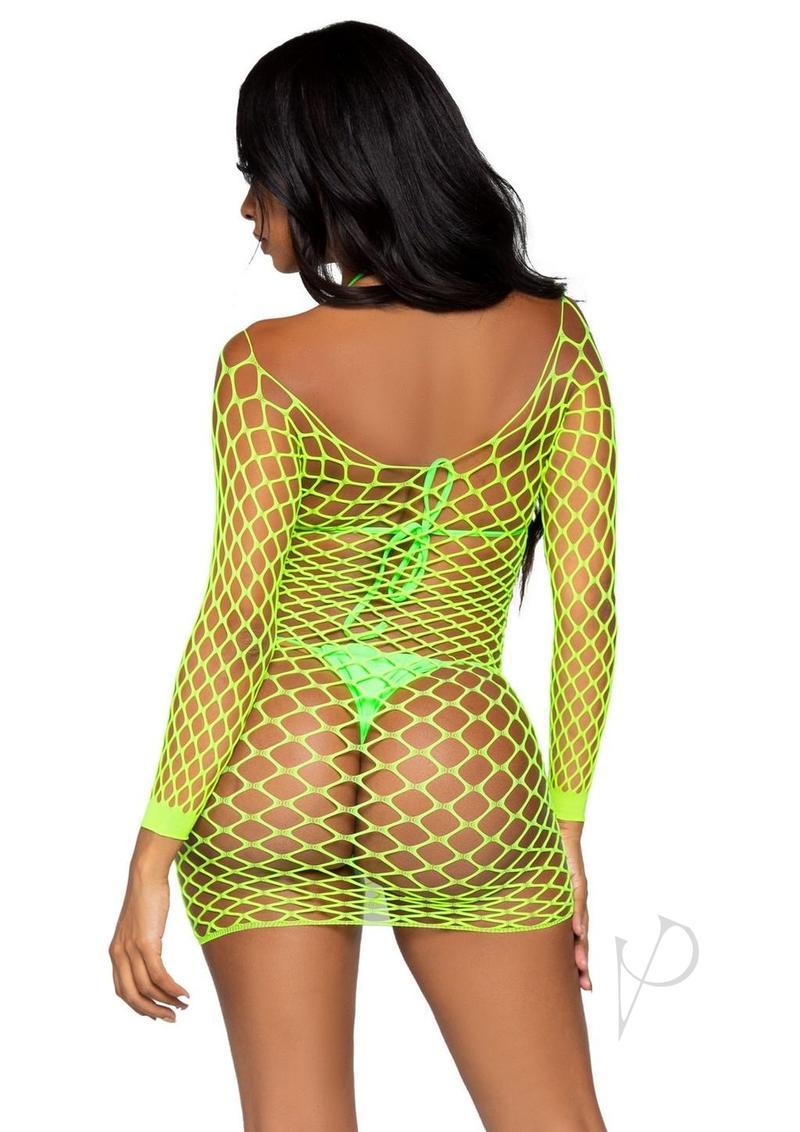 Leg Avenue Supreme Fence Net Long Sleeved Mini Dress - O/s - Neon Green